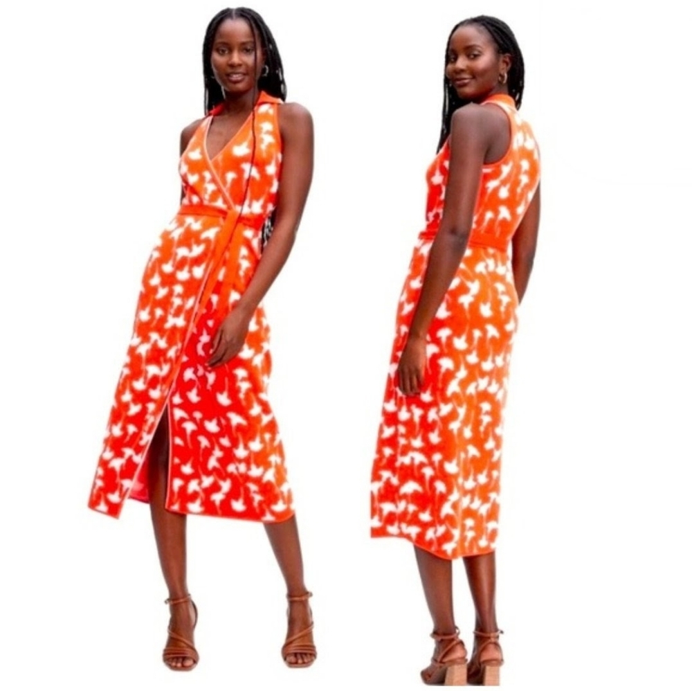 NWT Diane Von Furstenberg Women's Orange and White Floral Knit Wrap Dress